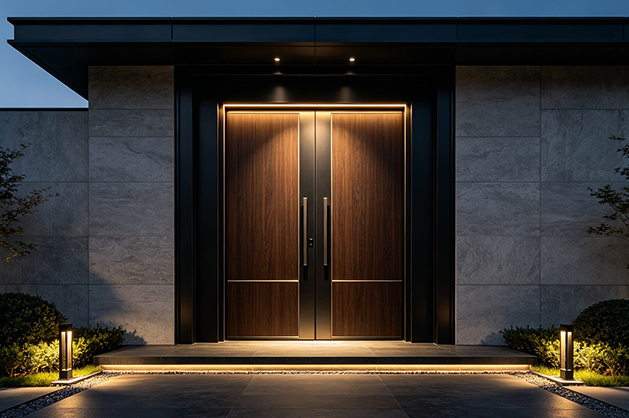 Renovation project replacing an old entrance door with a modern system