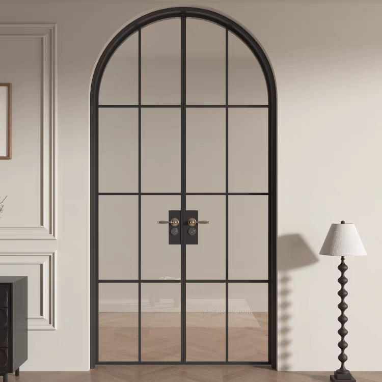 DERCHI Modern Farmhouse Black Arched Glass Wrought Iron Double Security Entry Door