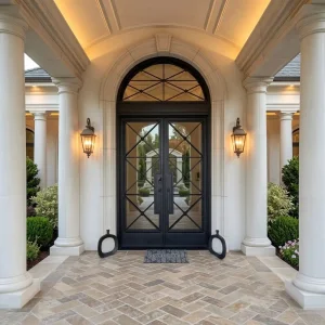 China Wrought Iron Double Entry Door | Round Top Tempered Glass Door