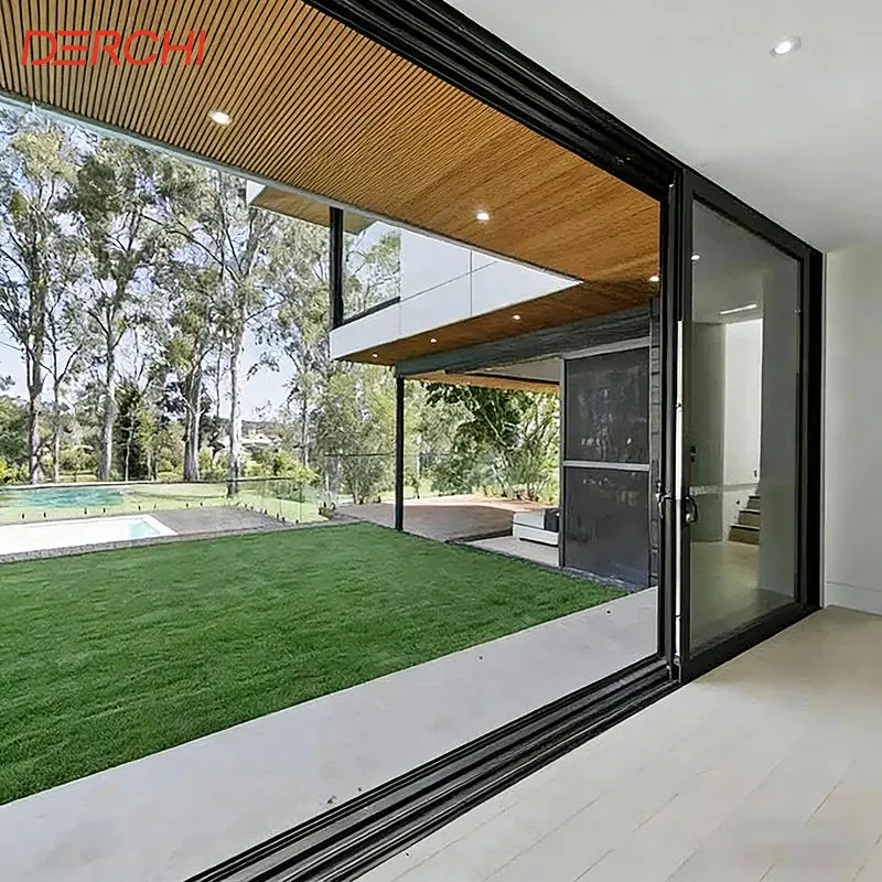 Custom DERCHI American Exterior Hurricane Proof Soundproof Double Tempered Glass Aluminium Thermal Break Outdoor Balcony Patio Sliding Factory, Factories