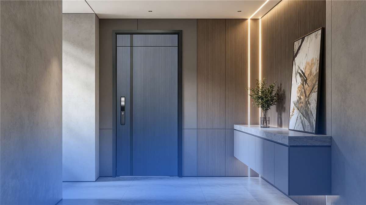 Stainless steel security entry door with brushed finish and multi-point lock