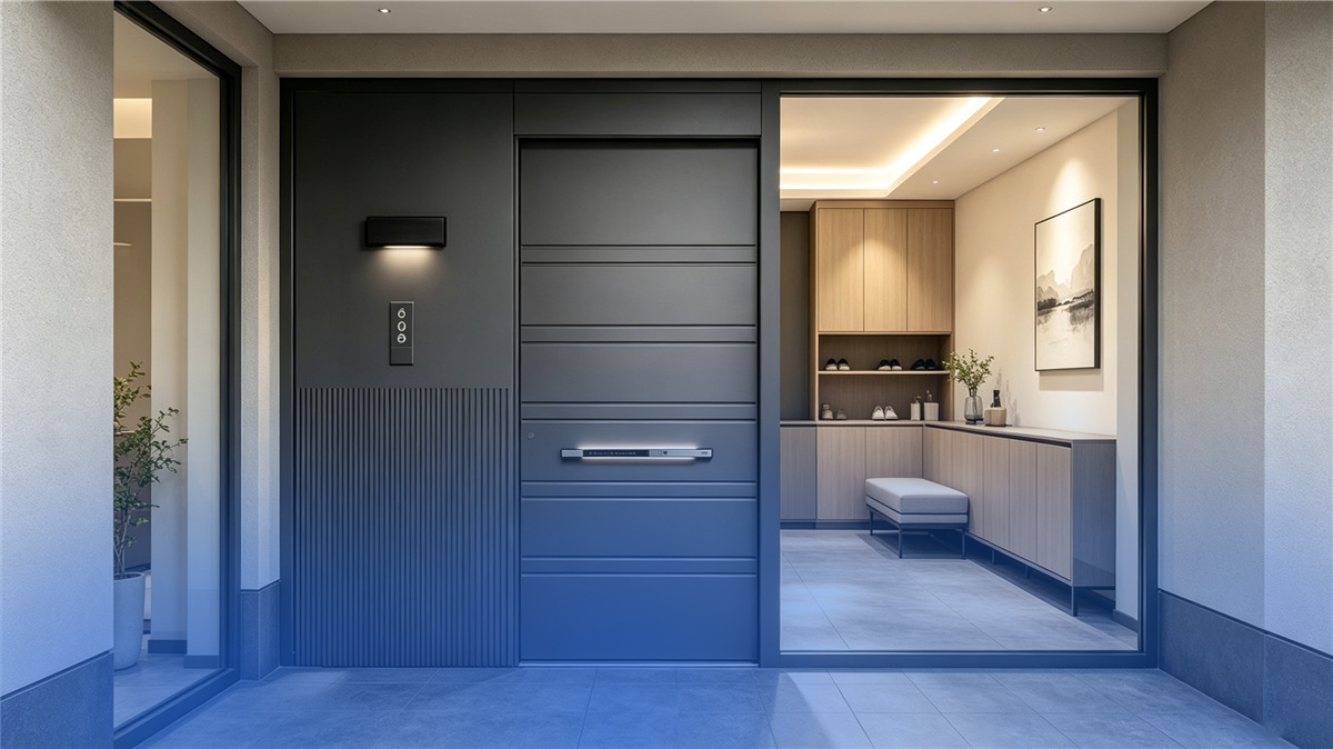 Thermally broken aluminum alloy entry door with slim frame and vertical handle