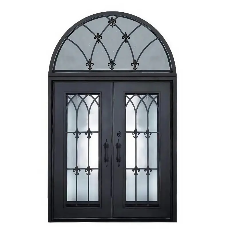China Wrought Iron Double Entry Door | Round Top Tempered Glass Door - DERCHI Factory, Factories