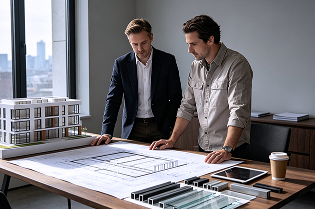 Architect reviewing entry door detail drawings