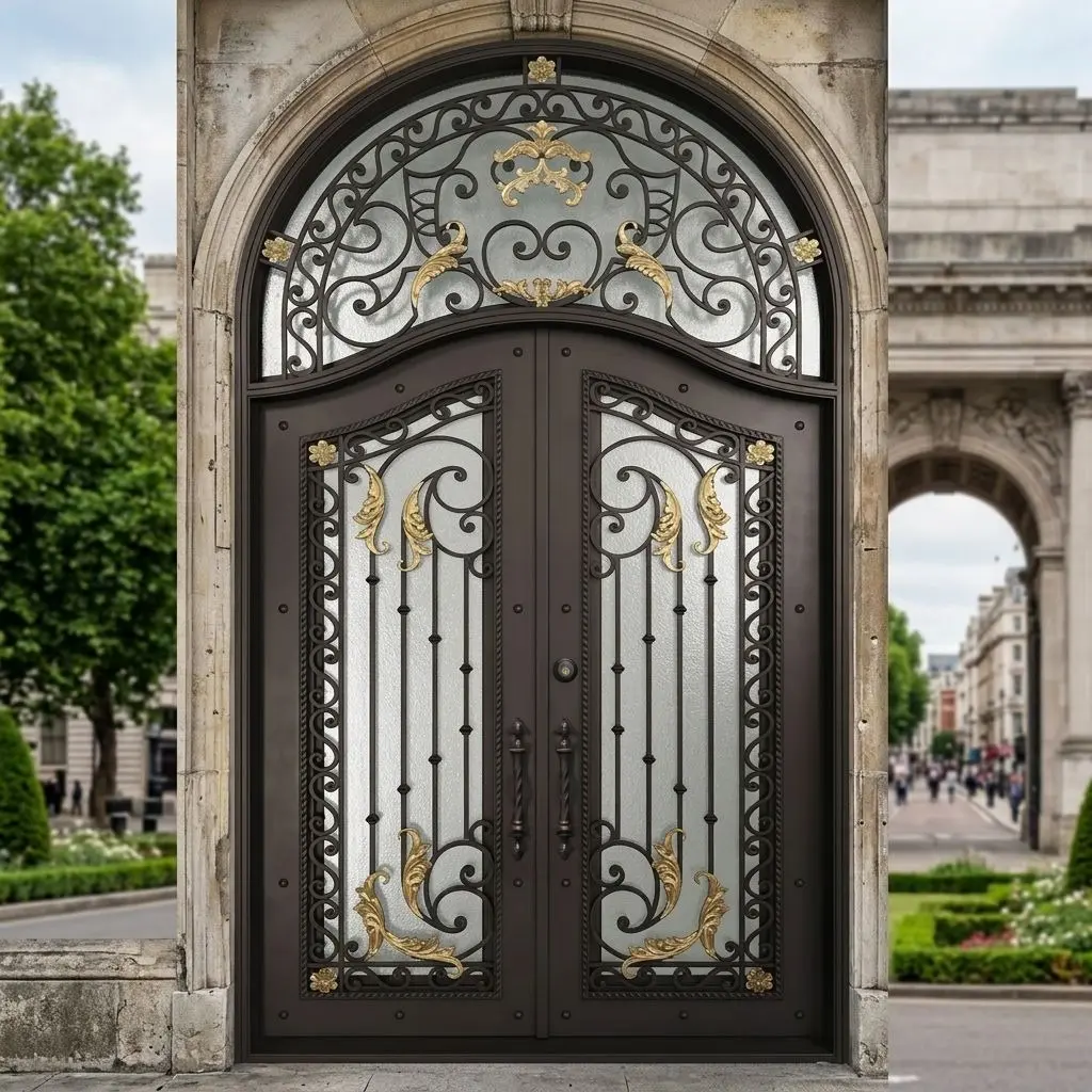 China Wrought Iron Double Entry Door | Round Top Tempered Glass Door - DERCHI Factory, Factories
