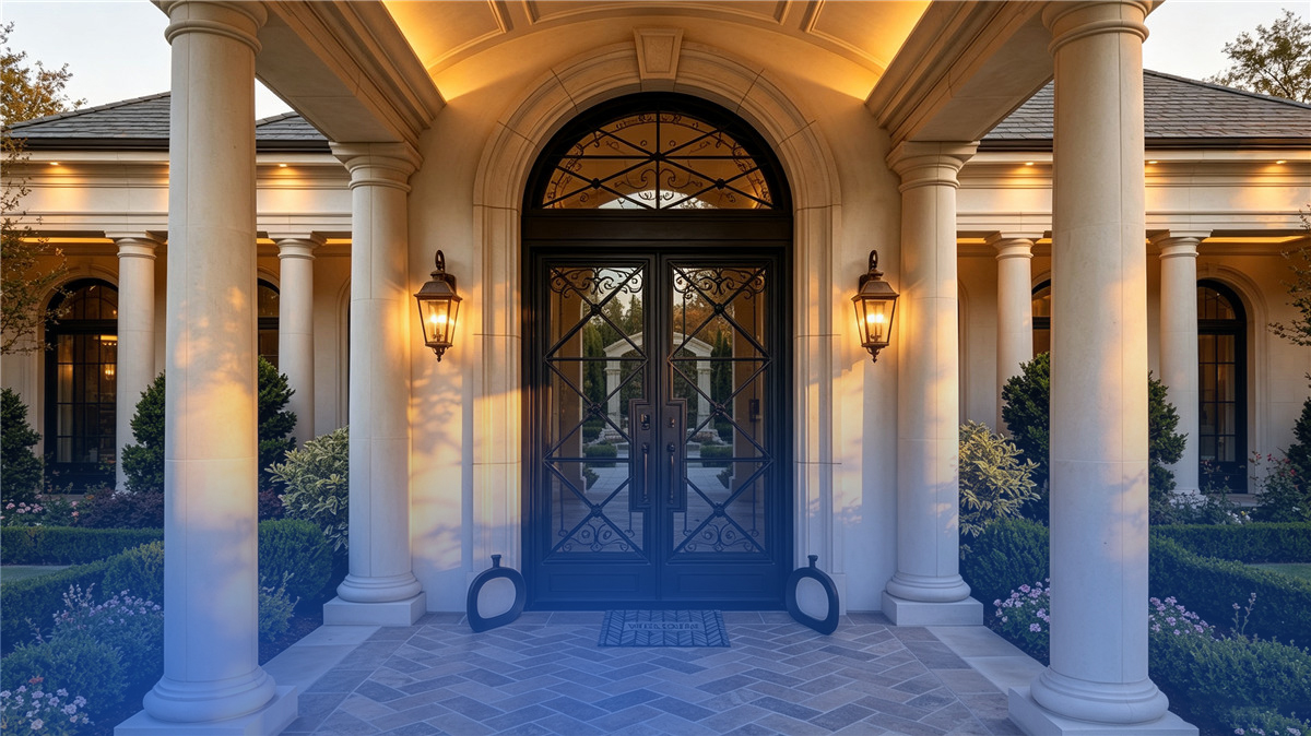 Large glass pivot entry door bringing daylight into a modern entrance hall