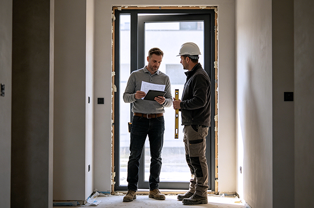 Contractor installing DERCHI entry doors on site