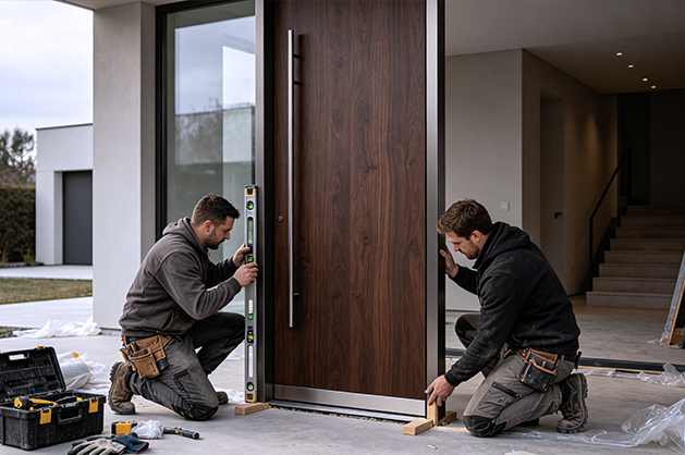 Commercial building lobby with large pivot entrance doors