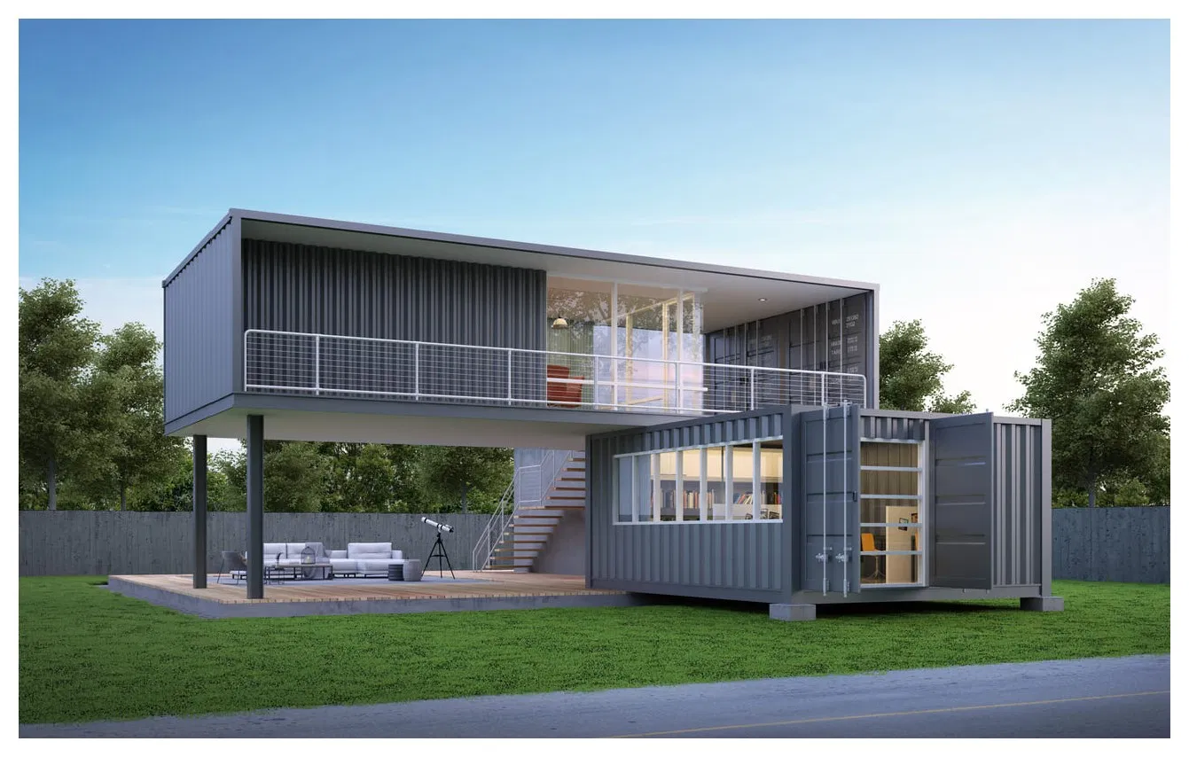 Prefab Folded Custom Container Unit with Wood Grain Wall Cladding & Glass Door Wall