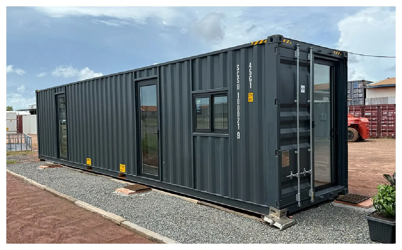 Prefab Folded Custom Container Unit with Wood Grain Wall Cladding & Glass Door Wall