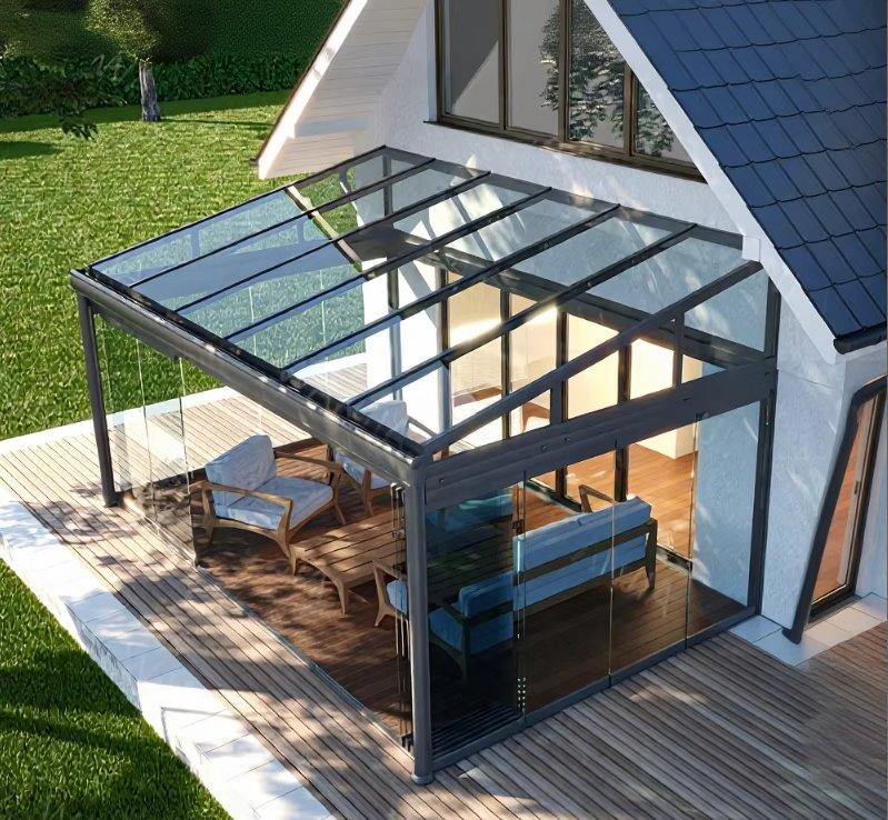 بيت زجاجي حديث مخصص 4-Season قابل للطي التلسكوبي الأوتوماتيكي مع تصميم من الألمنيوم لصالونات الشمس للفيلات