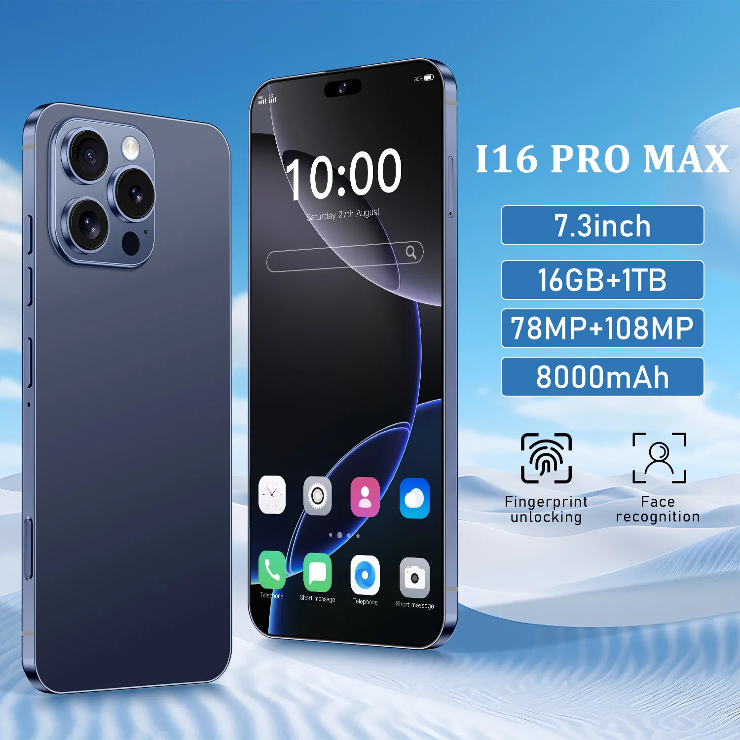 2025 I16 هاتف ذكي برو ماكس أندرويد 14 7.3 بوصة شاشة عالية الدقة مع معالج ثماني النواة 4G 5g 16GB+1tb فتح قفل الوجه خلوي بيع ساخن