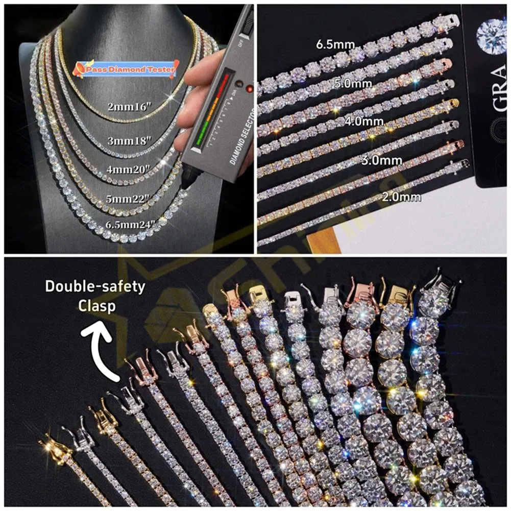 اجتياز اختبار الماس مجوهرات الهيب هوب تعليقات متلألئة 2.0mm-6.5mm ماسة مختبرية 925 فضة VVS سلسلة تنس مويسانيت قلائد