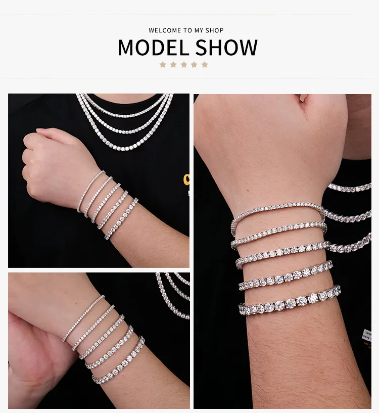 سلسلة سوار تنس من الفضة الإسترلينية للرجال والنساء S925 مع مويسانيت مختبر VVS بأسلوب الهيب هوب للهدايا