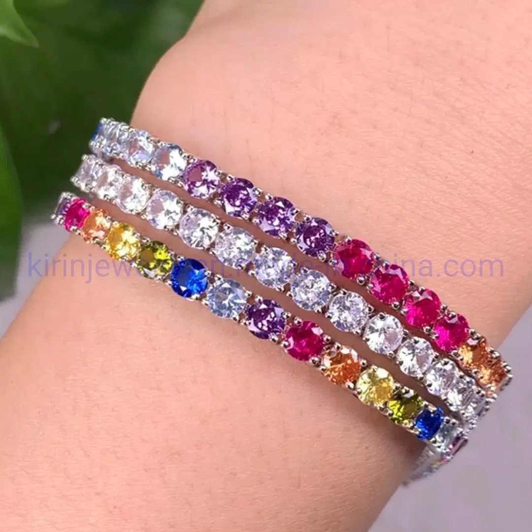 سوار تنس أنيق من الفضة الإسترلينية للنساء 4mm مزين بكوبك زيركونيا دائري قوس قزح