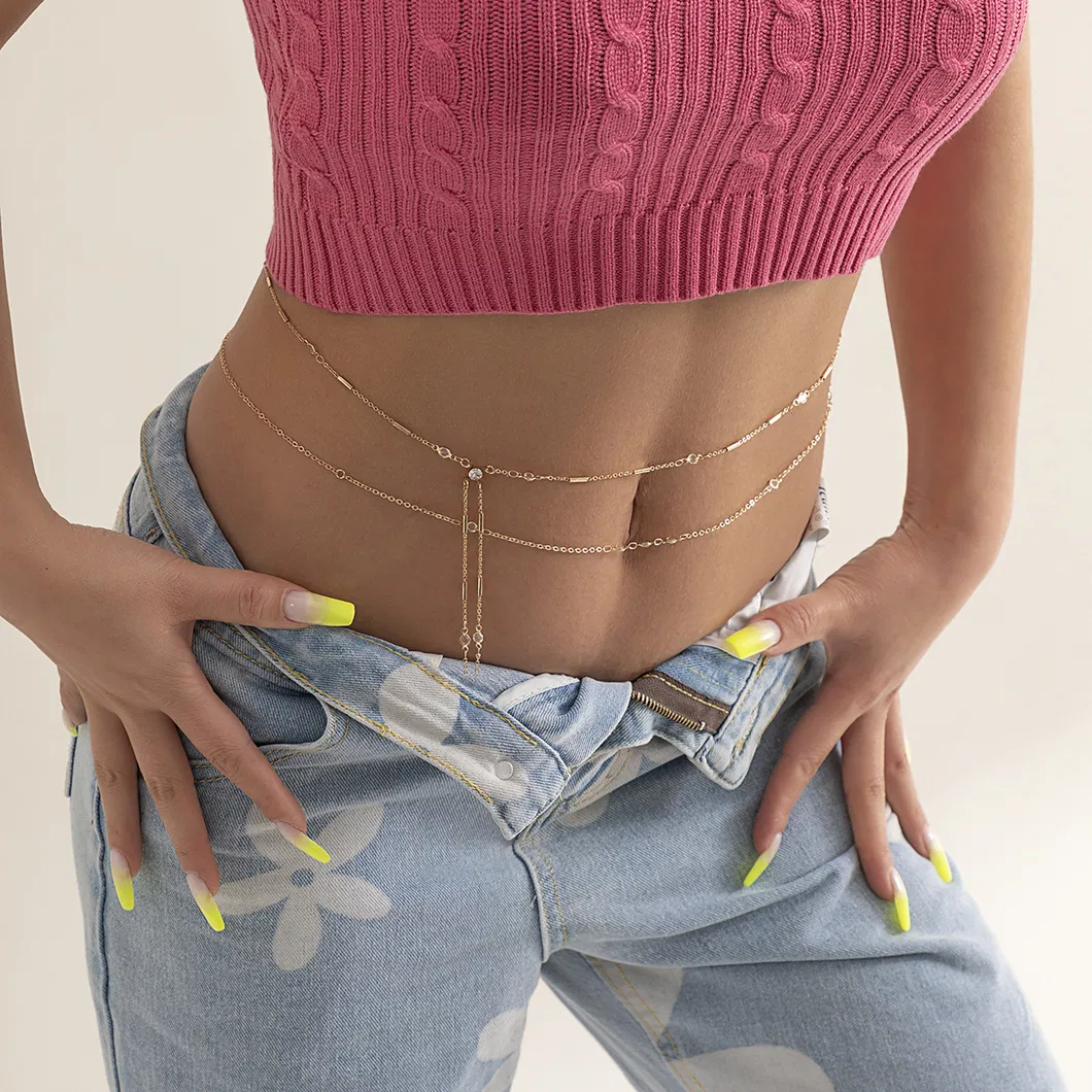 سلسلة جسم نسائية سلسلة معدنية مزينة بكريستال مزيف لسلسلة الخصر للنساء