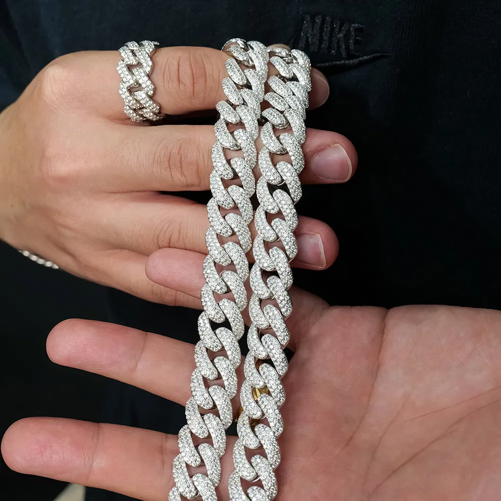 جملة جملة 3 صفوف 15mm سلسلة قلادة كوبية ميامي للرجال من فوس مويسانيت 925 قلادة فضة استرليني مجوهرات هيب هوب