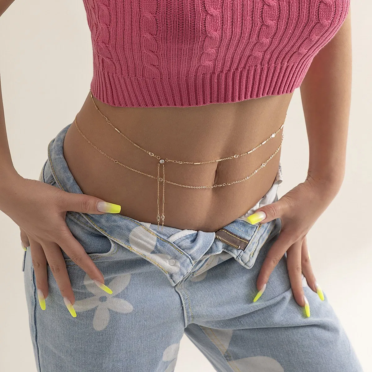 سلسلة جسم نسائية سلسلة معدنية مزينة بكريستال مزيف لسلسلة الخصر للنساء