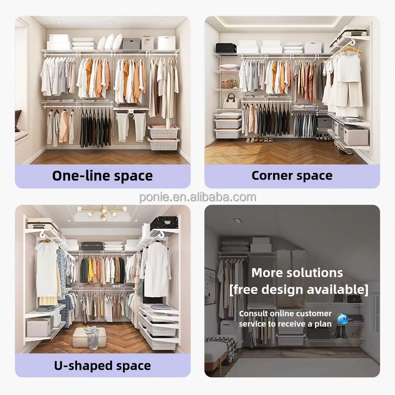 Modern Steel Wire MDF Door Sliding Doors Wardrobe Shelving Extendable Adjustable Portable Lockable Bedroom Storage System DIY
