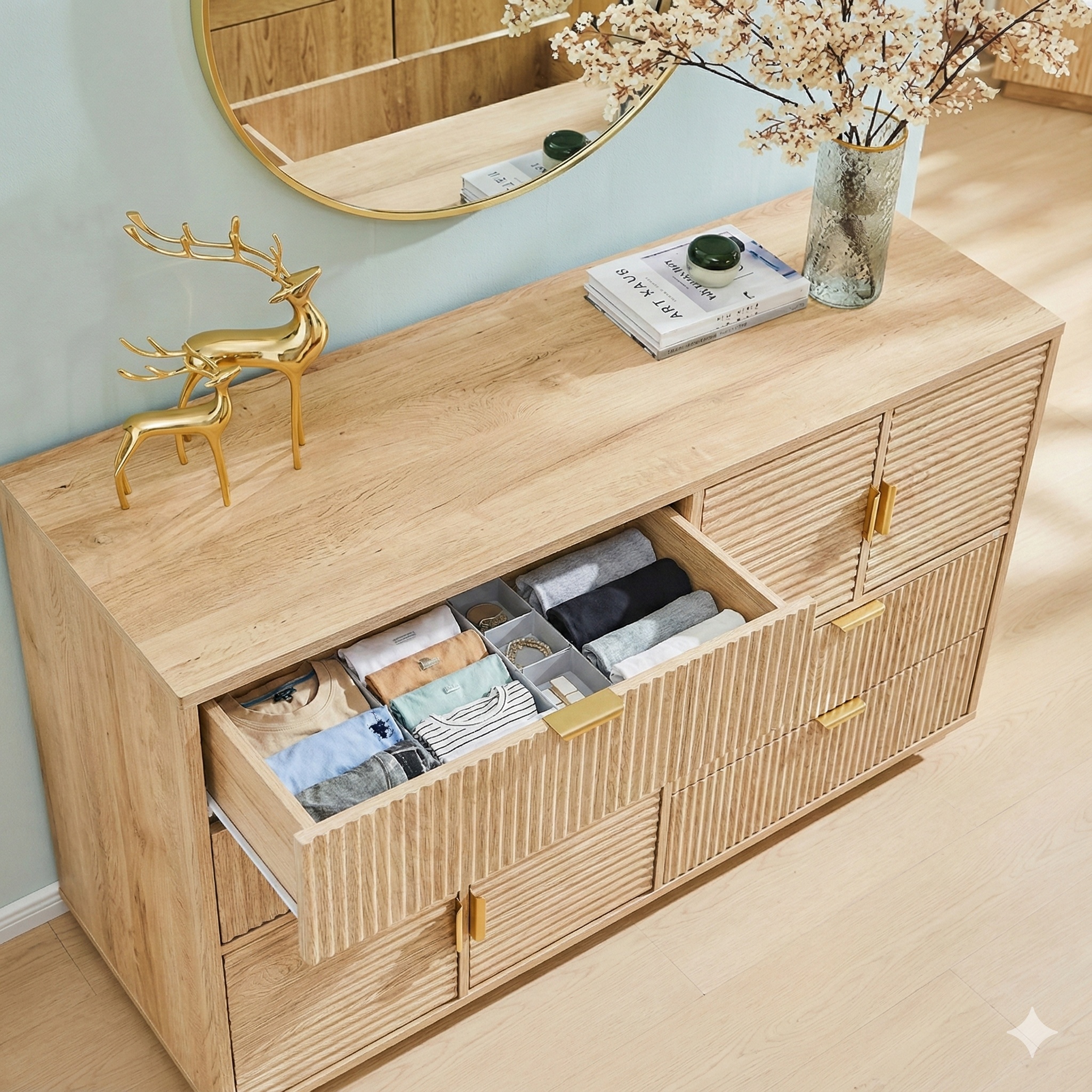 Contemporary Multi Function Fluted Wooden 4 Drawers 4 Doors Chest of Dresser with Metal Handles 5 Wood Legs for Bedroom
