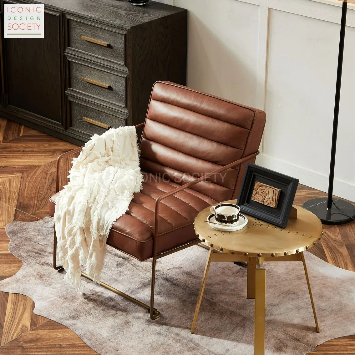 Industrial Modern Genuine Leather Foshan Custom Wholesale Living Room Restaurant Hotel Home Furniture Metal Steel Pipe Leather Dining Accent Chair