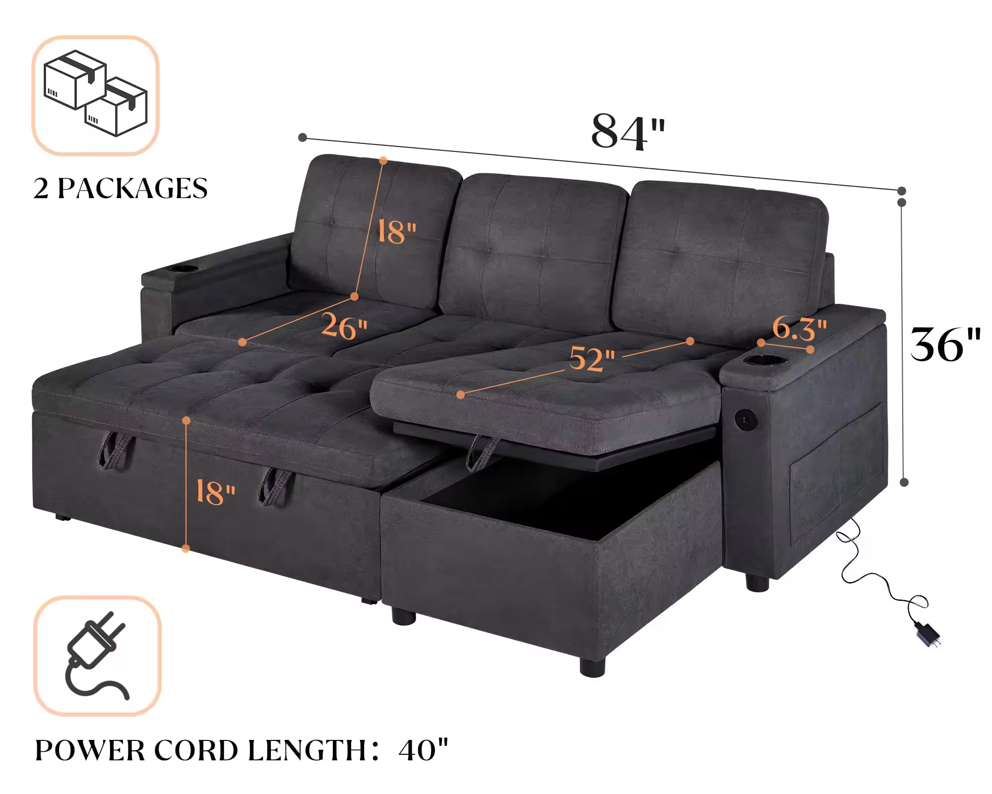 China Sleeper Sofa Pull Out Couch Bed with USB Charging Port Cup Holders L-Shaped Sectional Sofa with Storage Chaise Comfy Couch