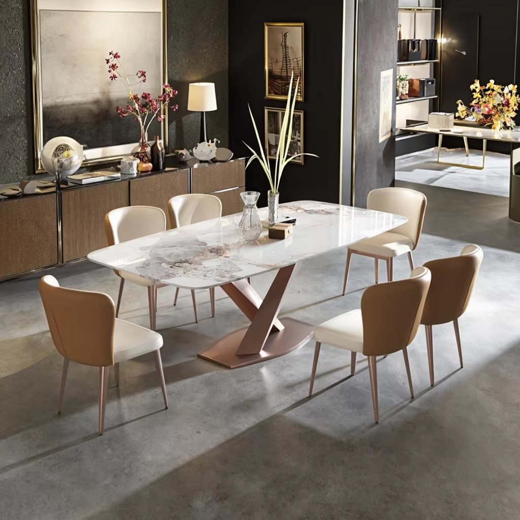 White Luxury Marble Dining Table Set 6 Chairs Sintered Stone Top With Gold Stainless Steel Base For Dining Room Furniture