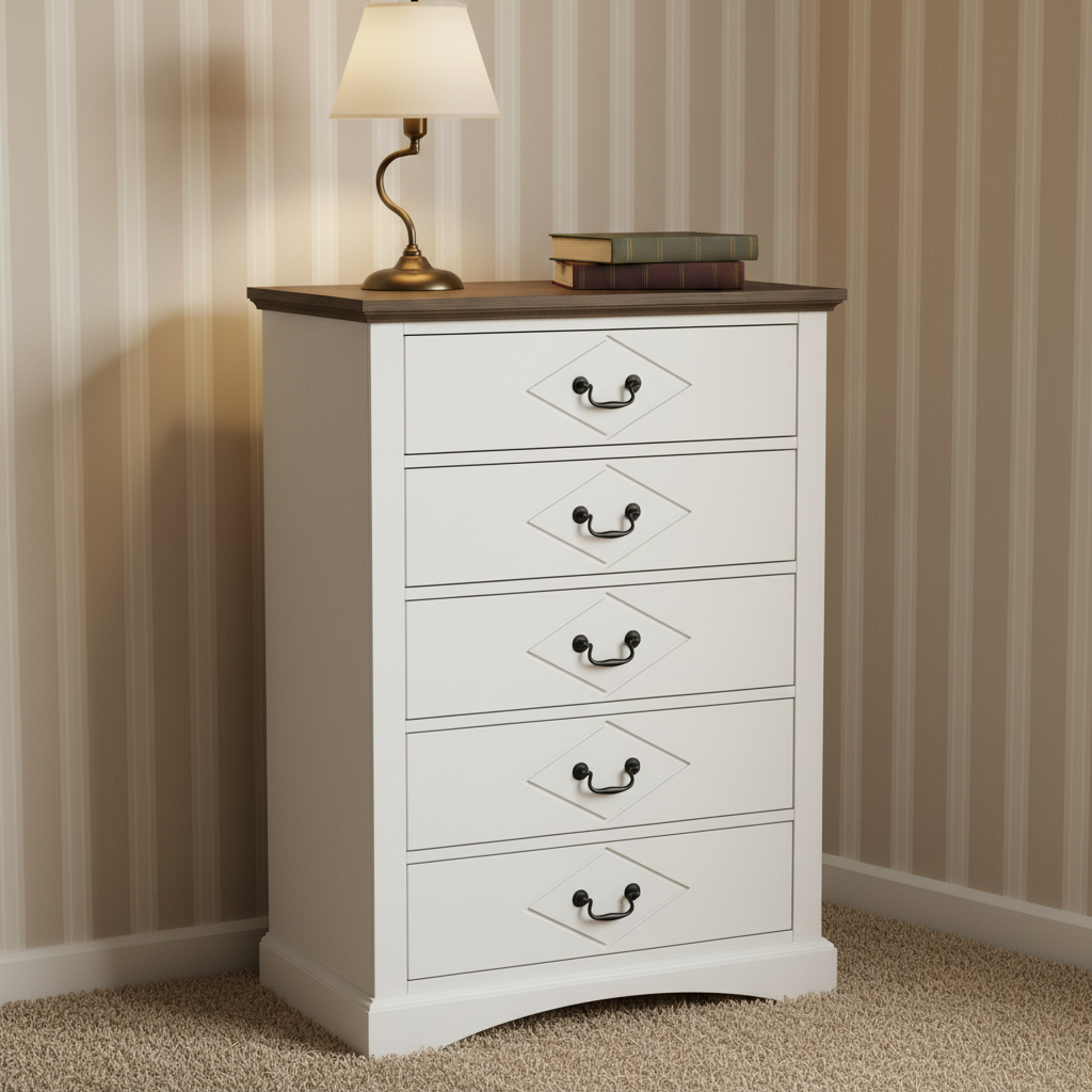 Modern Farmhouse White 5 Drawer Dresser Wooden Surface Vertical Chest of Drawers Tall Bedroom Storage Cabinet Clothes Organizer