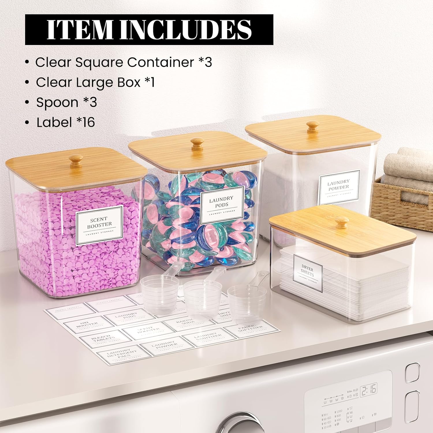 Large Organizer Clear Laundry Room Organization Detergent Powder Container Laundry Pods Storage Container With Bamboo Lid