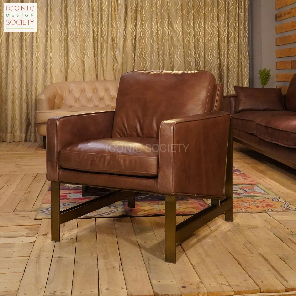 Handmade OEM Manufacturing Living Room Home Furniture Metal Frame Stylish Single Chair Leisure Sofa Set Genuine Leather Accent Armchair
