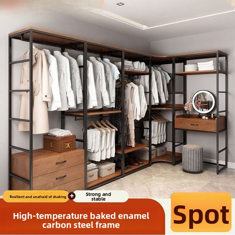 Simple Wardrobe Bedroom Modern Combination Rental House Open Cloakroom Floor Hanger Storage Cabinet Made China No Assembly