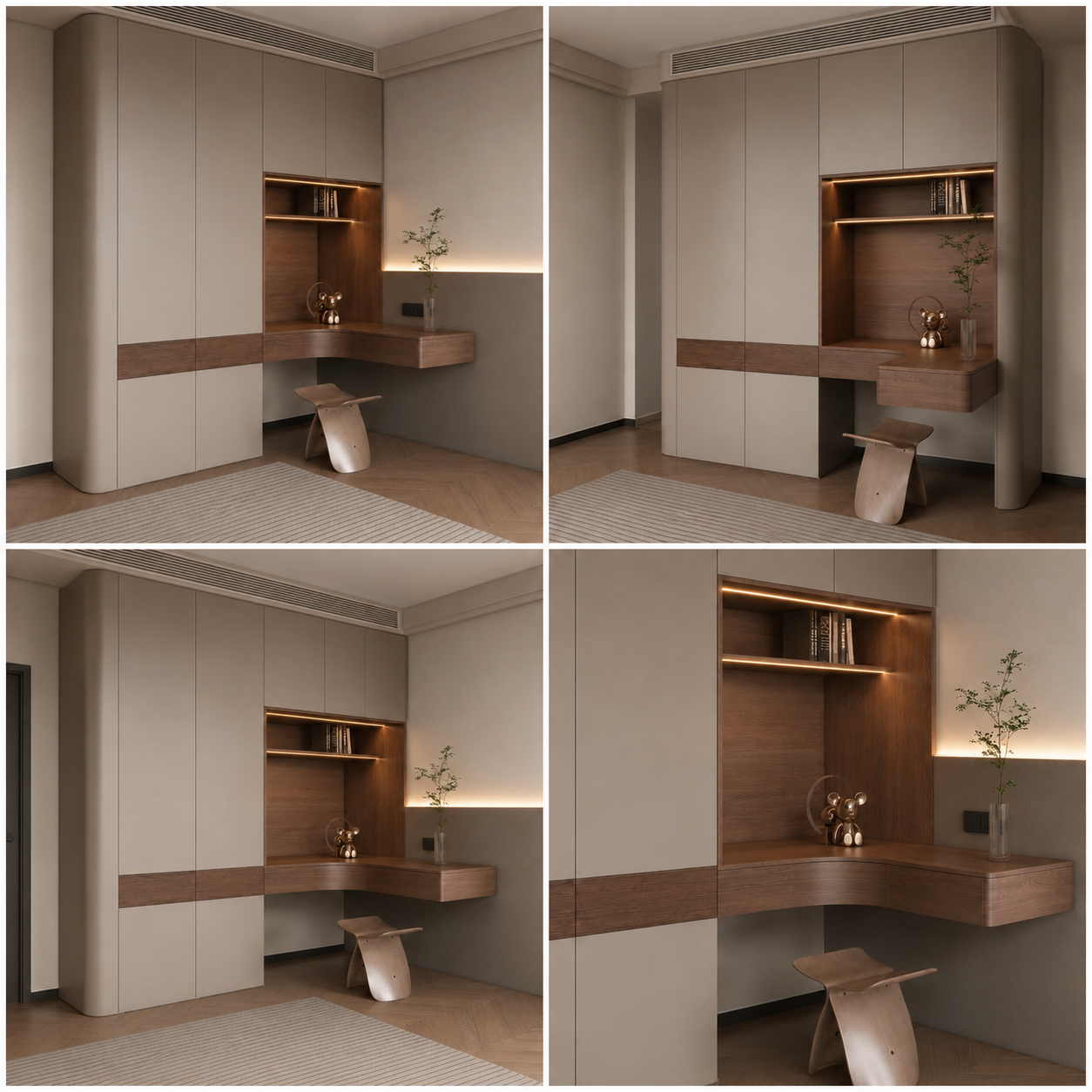 Wood Strip Splice Bedroom Closet with Integrated Corner Desk One-Stop Whole House Customized Cabinet