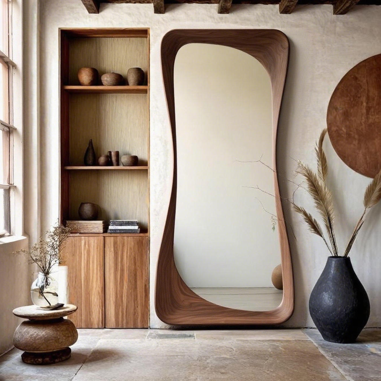 Irregular Shaped Full Length Mirror With Curved Walnut Wood Frame Organic Body Mirror Modern Japandi Living Room Factory Direct
