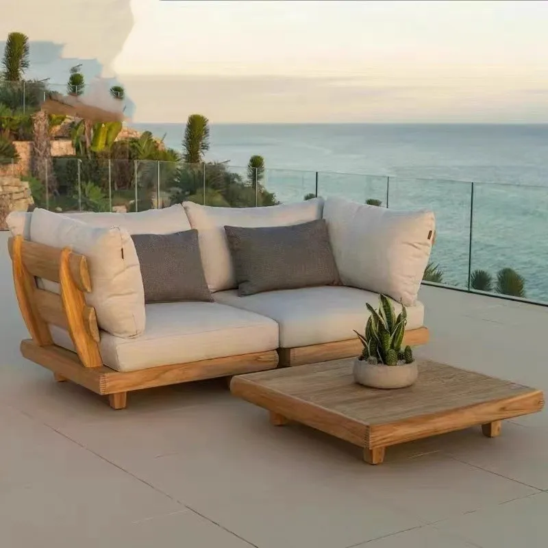 Modern Waterproof Teak Wood Outdoor Furniture Living Room Balcony Garden Patio Hotel Sectional Sofa with Cushions