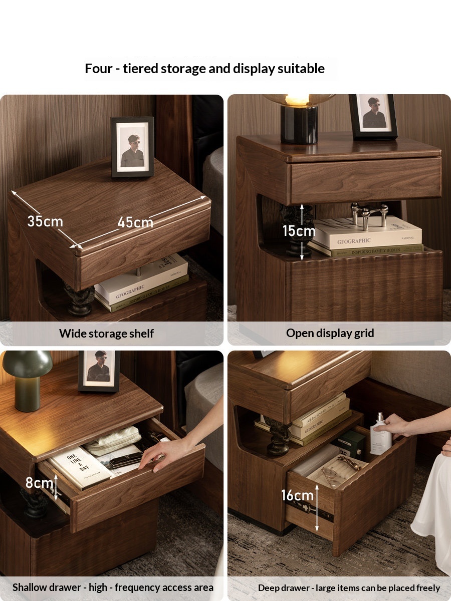 Light Luxury Black Walnut Smart Nightstand with Two Drawers for Bedroom Storage