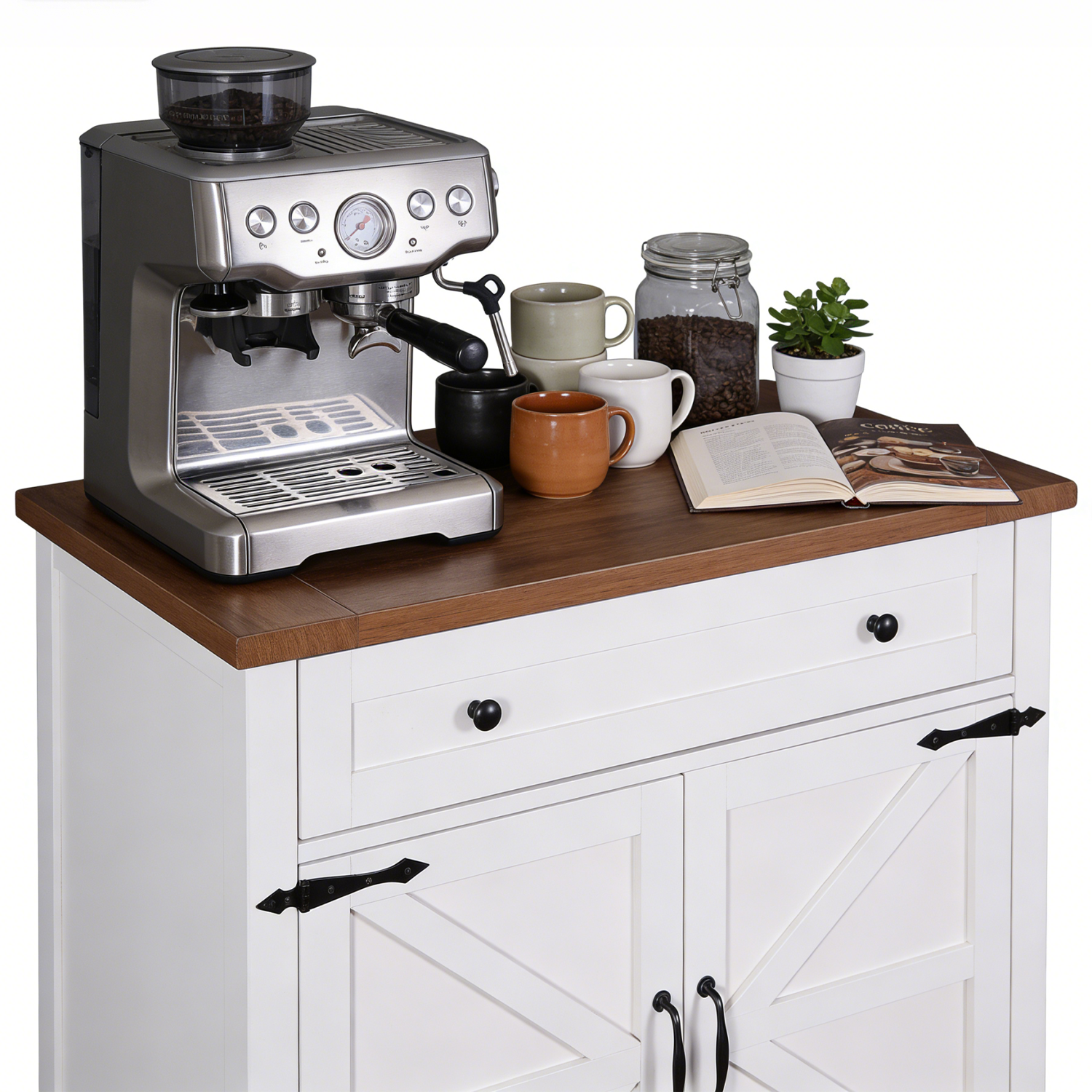 Modern Multifunction Wood Sideboard 2 Doors 2 Drawers White Kitchen Cabinet Barn Door Dining Coffee Bar Buffet Table Storage