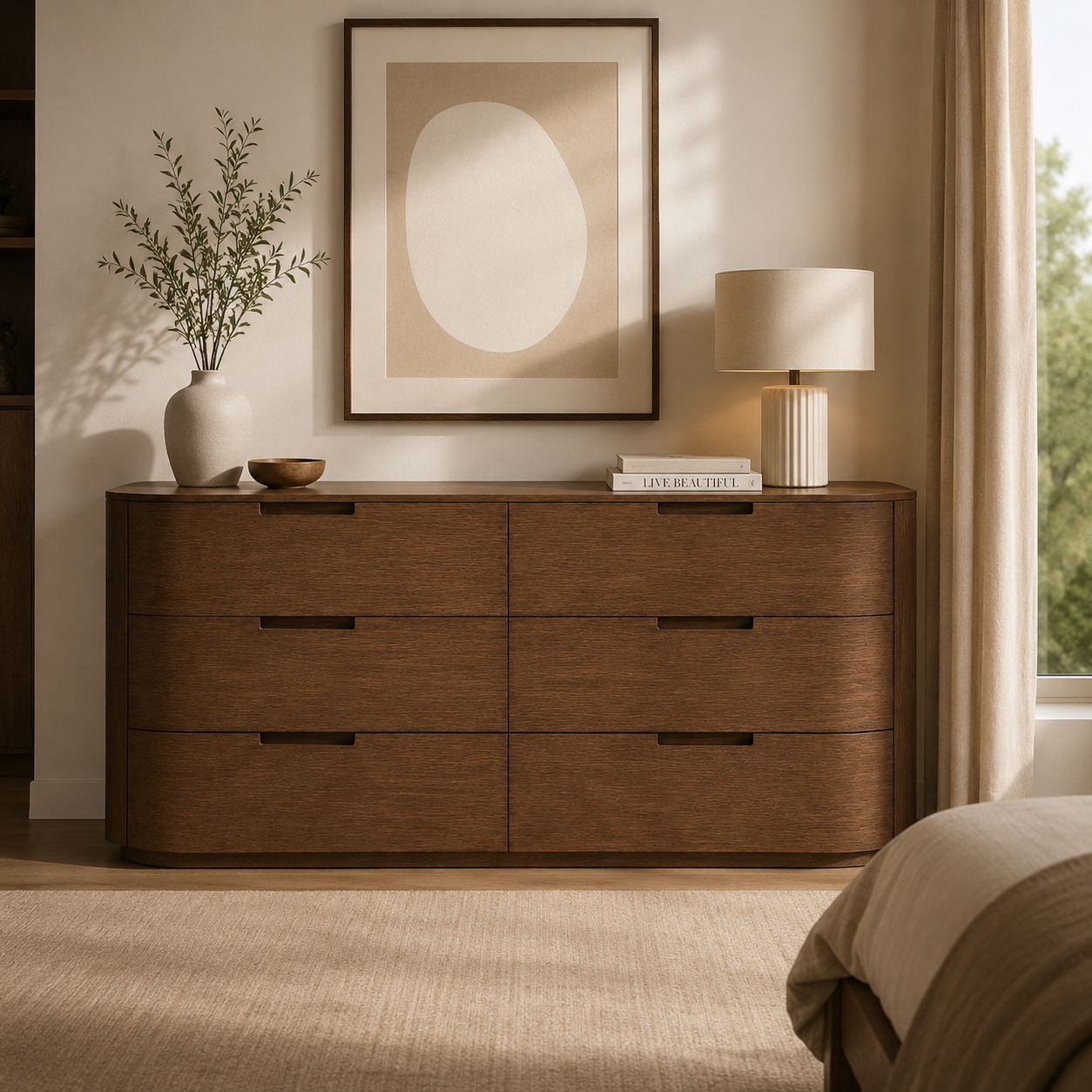 Modern Luxury Curved Walnut Dresser 6-Drawer Chest of Drawers with Recessed Handles for Master Bedroom Villa Project