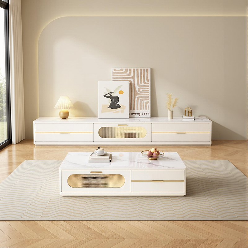 Modern Sintered Stone TV Stand Coffee Table Combo Solid Wood Drawer Panel Jazz White MDF Cabinet Living Room Storage Furniture