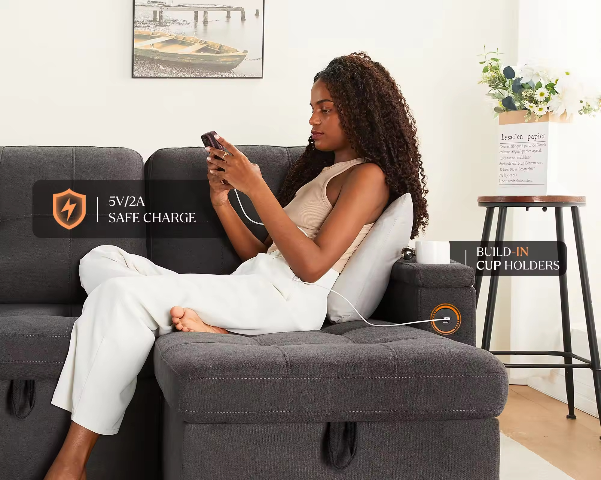 China Sleeper Sofa Pull Out Couch Bed with USB Charging Port Cup Holders L-Shaped Sectional Sofa with Storage Chaise Comfy Couch