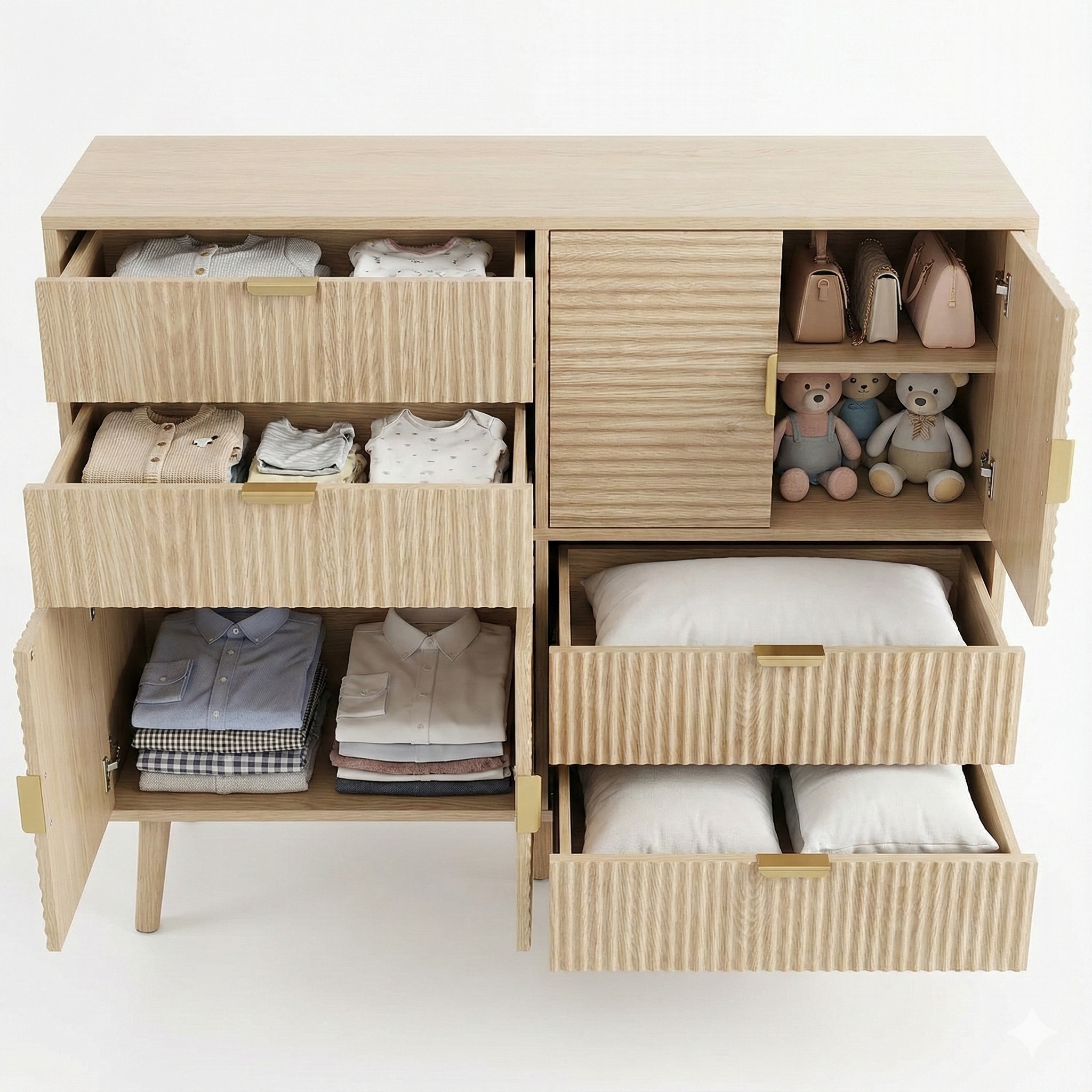 Contemporary Multi Function Fluted Wooden 4 Drawers 4 Doors Chest of Dresser with Metal Handles 5 Wood Legs for Bedroom