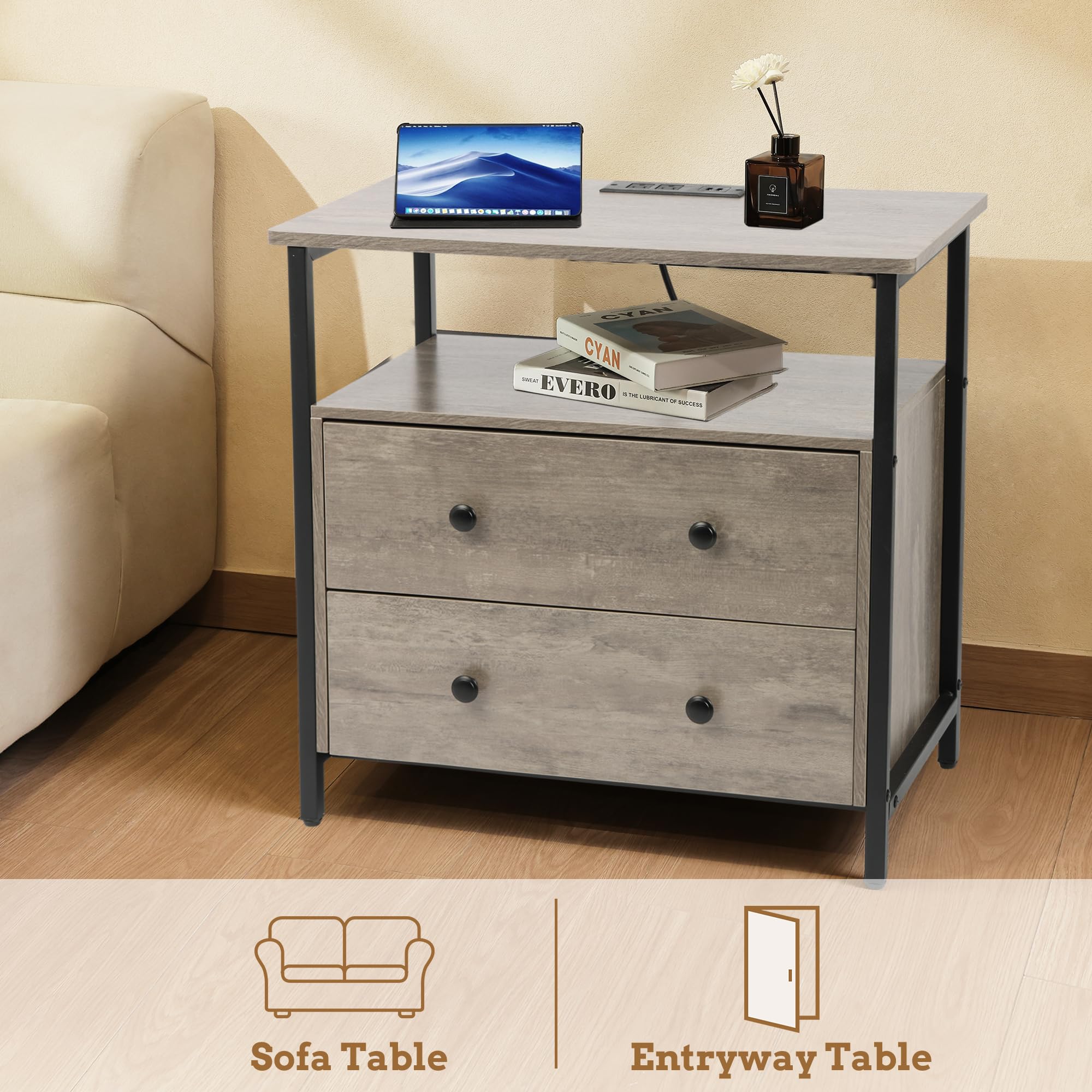 27 Inch Wide Nightstand with Charging Station Bedside Table with Open Shelf 2 Drawers Small Wood Dresser