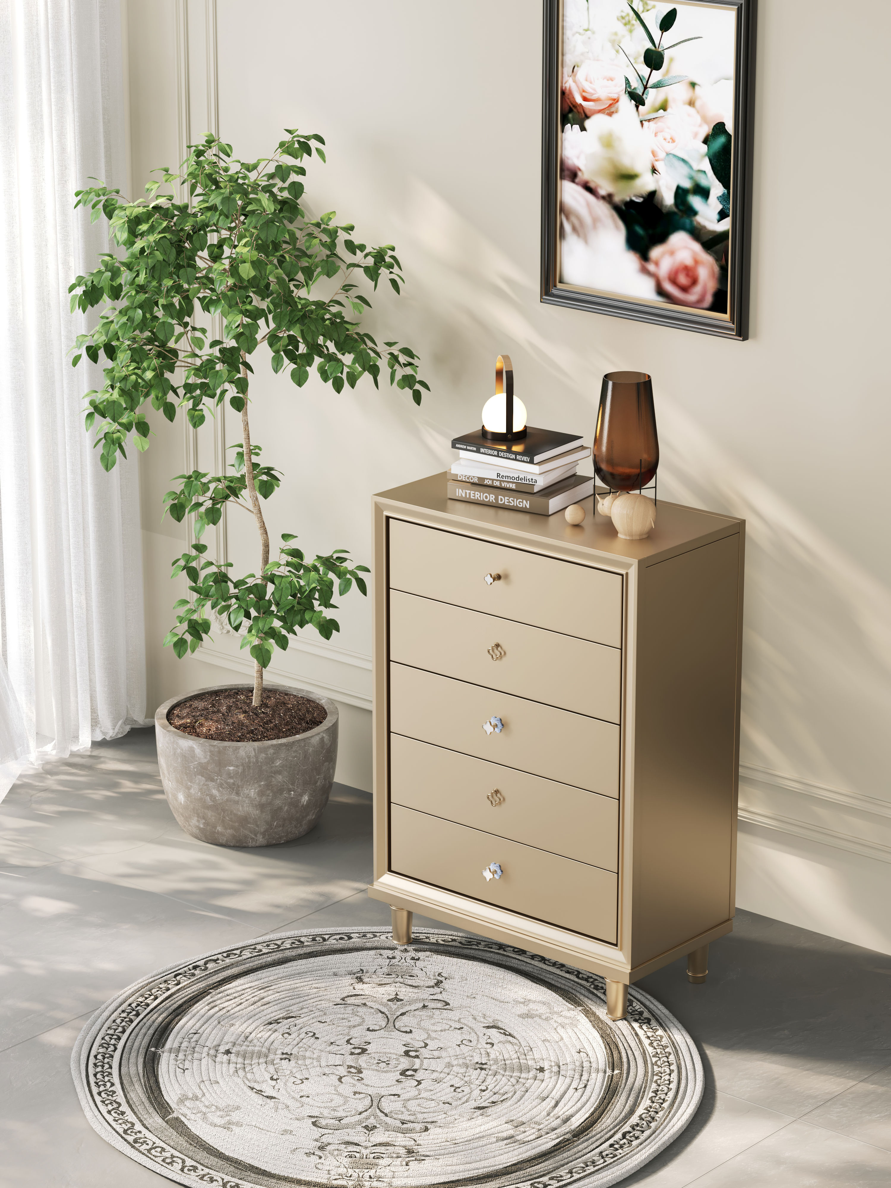 Light Luxury High Quality Popular Bedside Table Modern Kids Bedroom Furniture 5 Drawer Nightstand