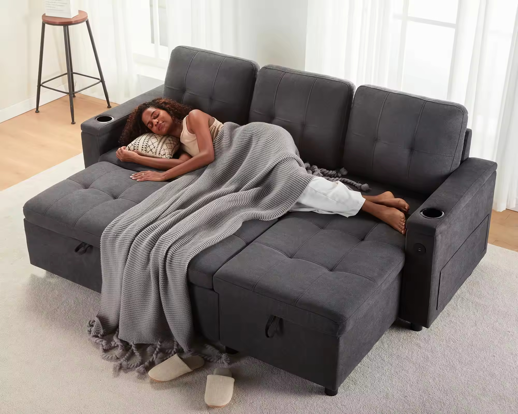 China Sleeper Sofa Pull Out Couch Bed with USB Charging Port Cup Holders L-Shaped Sectional Sofa with Storage Chaise Comfy Couch