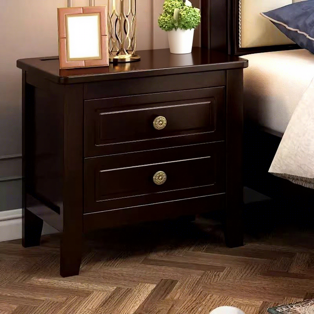 Elegant Solid Wood Bedroom Nightstand 2 Drawers; Modern Eco-friendly Durable Assembled Home Furniture for Hotels Apartments