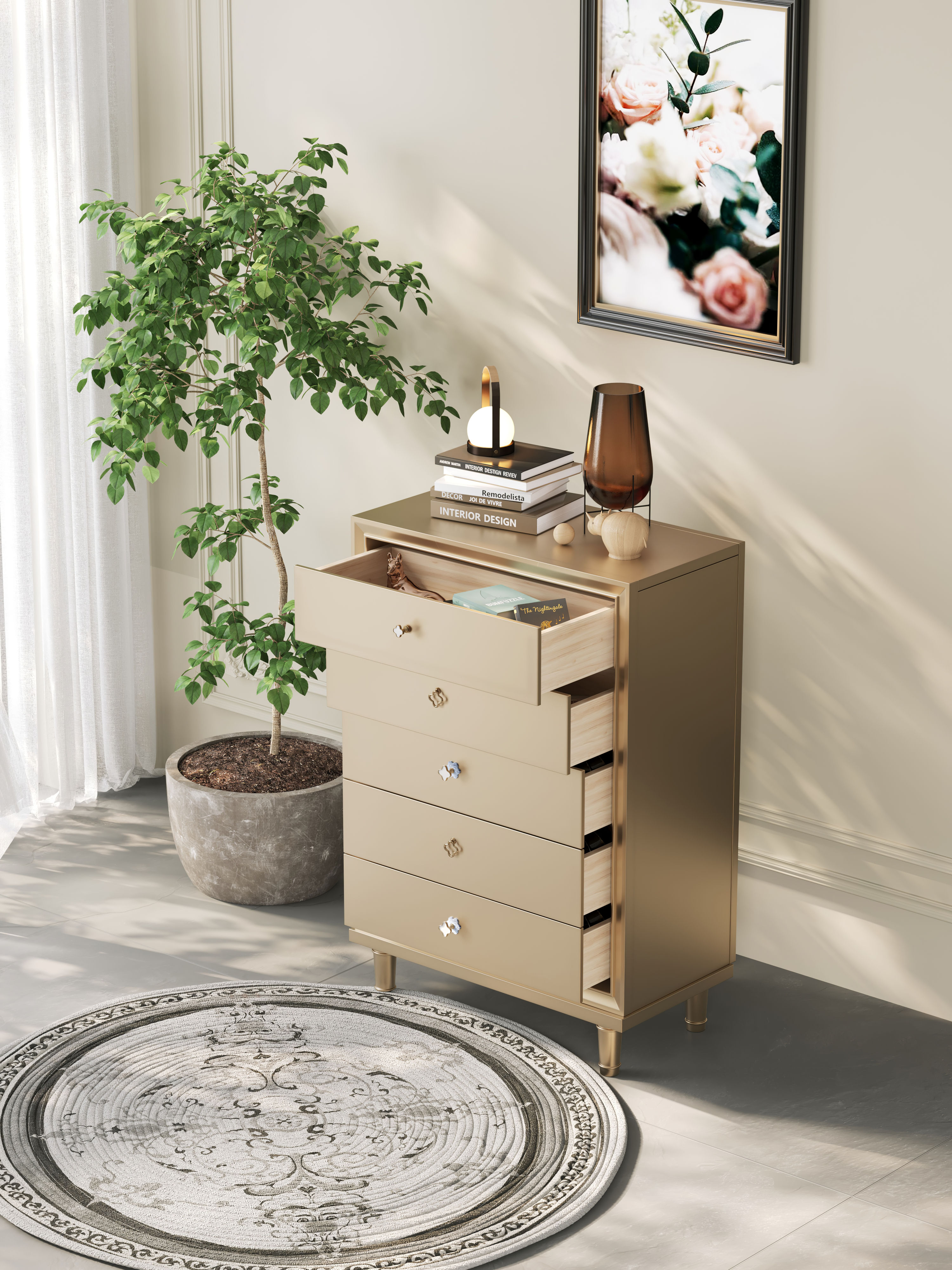 Light Luxury High Quality Popular Bedside Table Modern Kids Bedroom Furniture 5 Drawer Nightstand