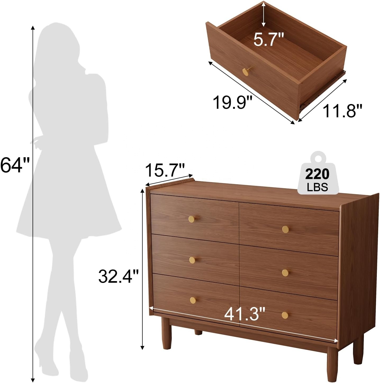 US Stock 6-Drawer Wood Dresser with Brushed Finish Large Storage Cabinet Bedroom Closet &amp; Kitchen Living Room Furniture DG026