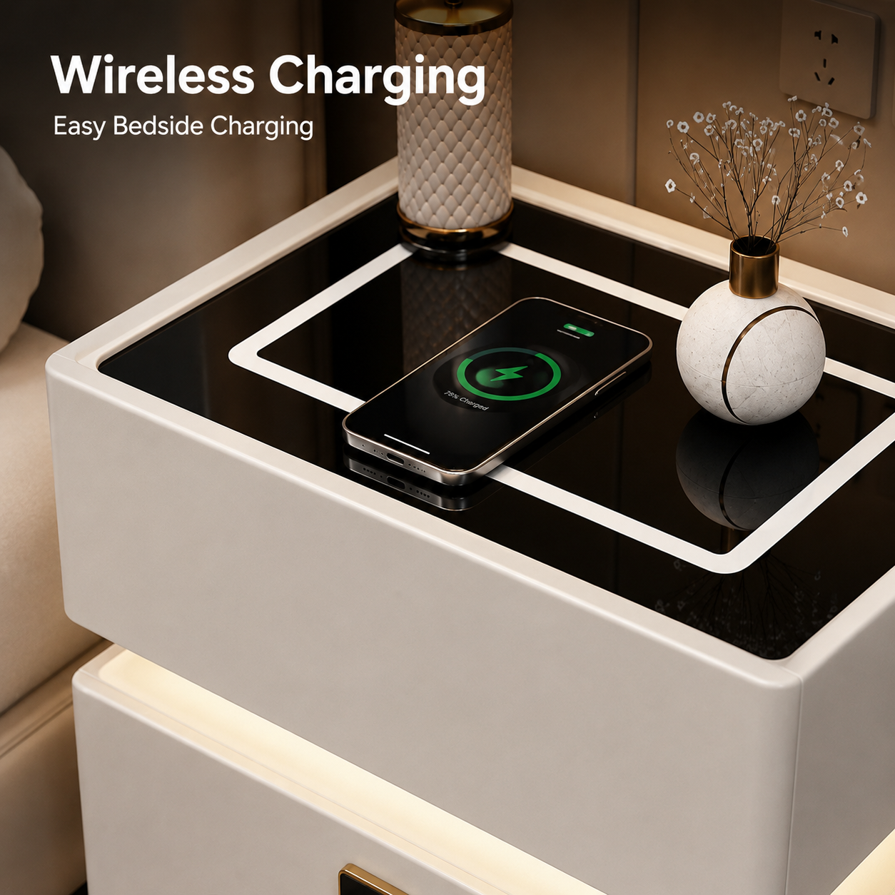 15W Wireless Charging Smart Nightstand Fingerprint Lock Bluetooth Speaker LED Bedside Table Dual Drawer Storage Bed Furniture