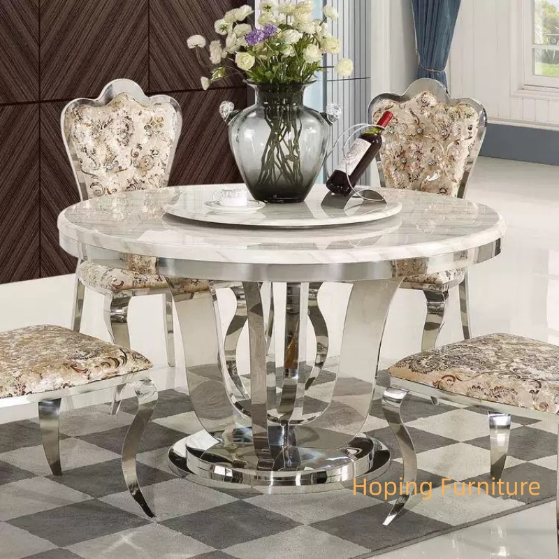 Round Dining Table Living Room Furniture Outdoor Table Marble Top 1+6 Set White Round Stainless Steel Dining Table Set with Leather Chair for Wedding Banquet