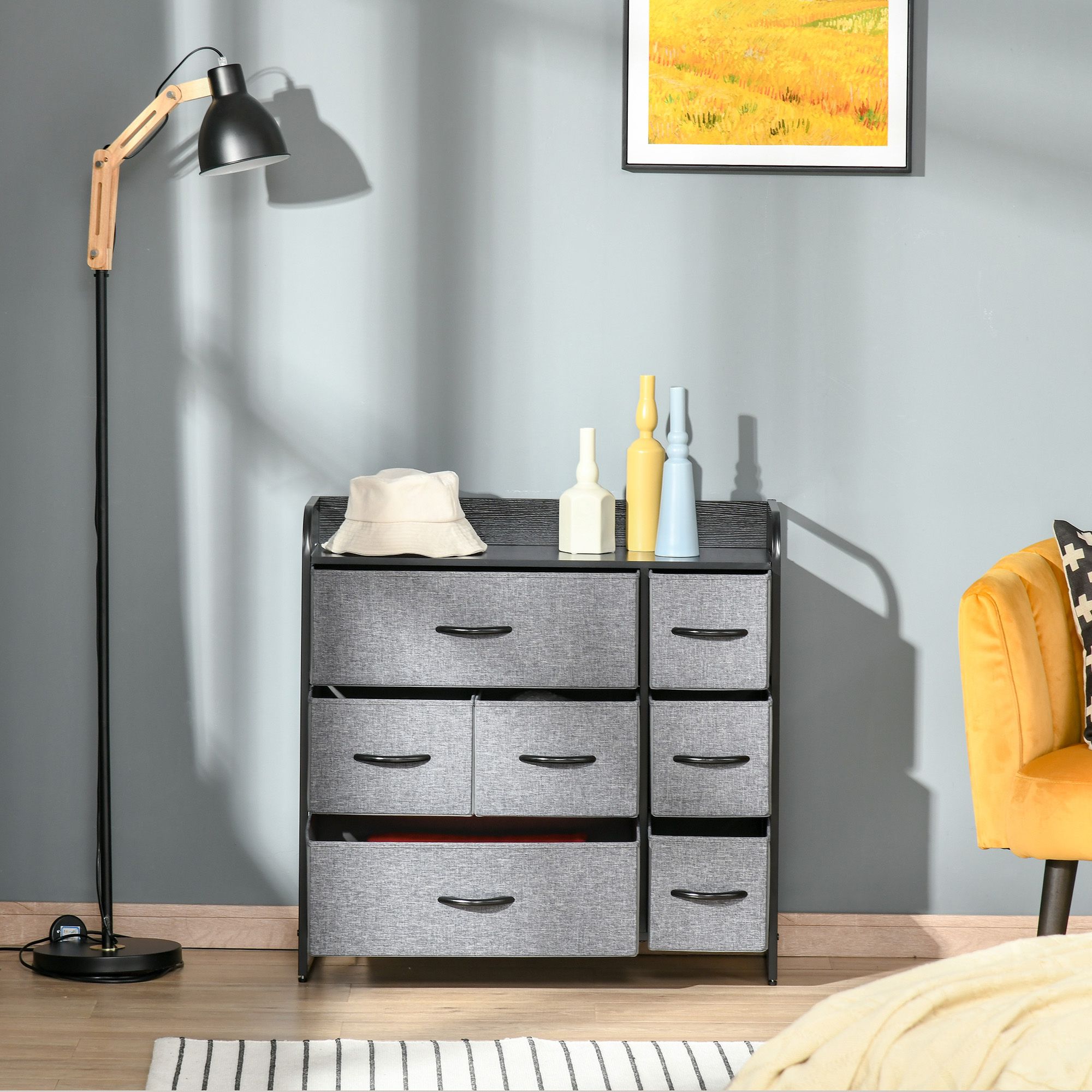 7-Drawer Gray Dresser with Steel Frame & Wooden Top Fabric Chest for Bedroom or Hallway Storage