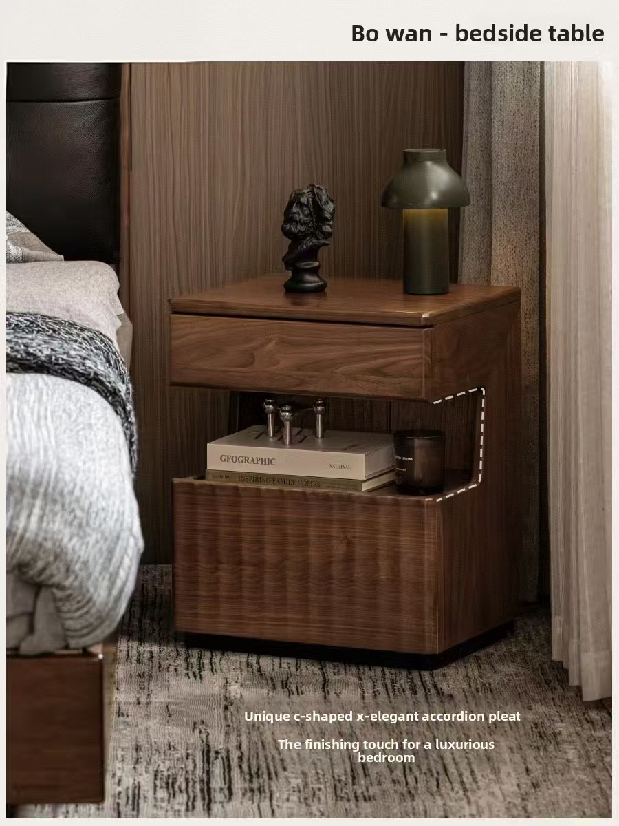 Light Luxury Black Walnut Smart Nightstand with Two Drawers for Bedroom Storage